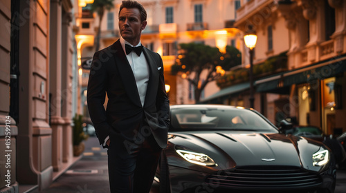 Business man wearing suit standing front of an expensive car in Monaco © steph photographies