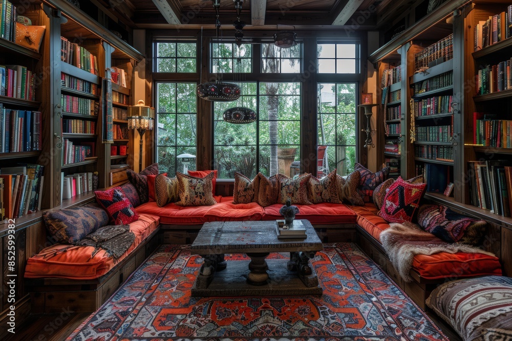 Cozy home library with built-in bookshelves, large windows, comfortable seating, and elegant rug creating a warm, inviting reading nook. Cozy home library with built-in bookshelves, large windows, comfortable seating, and elegant rug creating a warm, inviting reading nook.