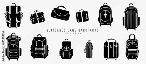 Suitcases, bags and backpacks silhouette symbols. Black and white icon set, logo idea. Accessories and travel equipment concept.