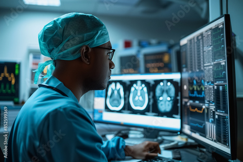 Male radiologist analysing the MRI image of the brain of a patient. Generative AI .