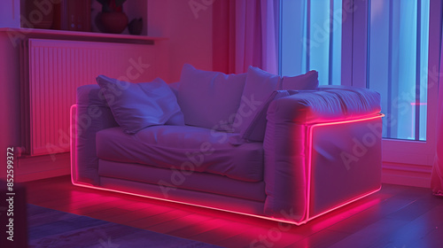 Modern cozy sofa illuminated by vibrant neon pink lighting in a stylish living room.
