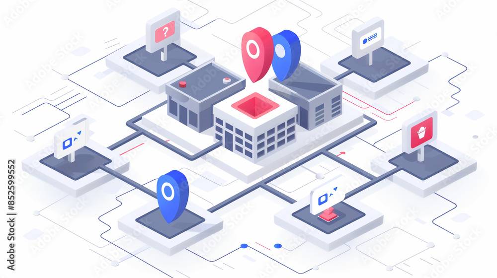 Isometric illustration of a technology network with data centers and location pins. Isometric illustration of a technology network with data centers and location pins.