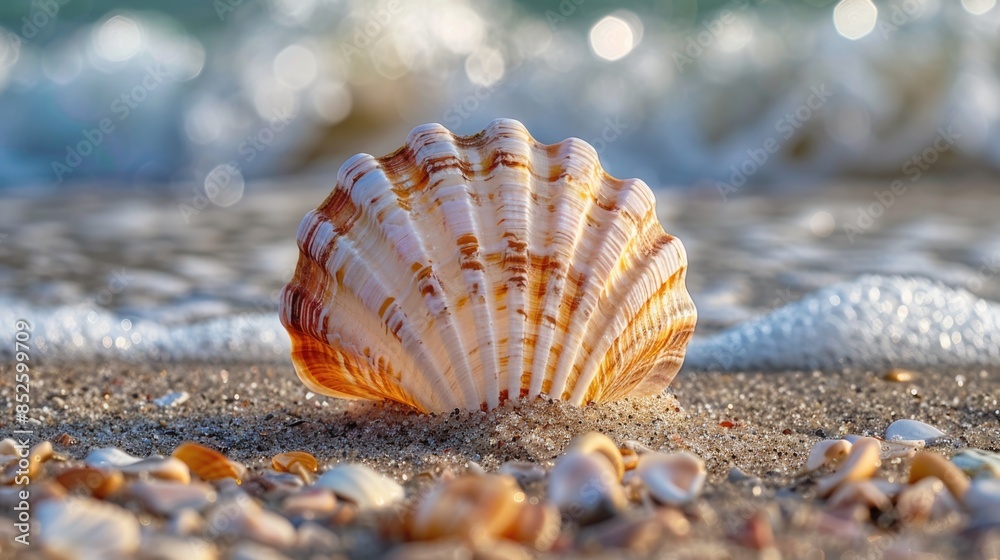 A calm beach scene with waves crashing in the background, perfect for travel or nature-themed projects A calm beach scene with waves crashing in the background, perfect for travel or nature-themed projects