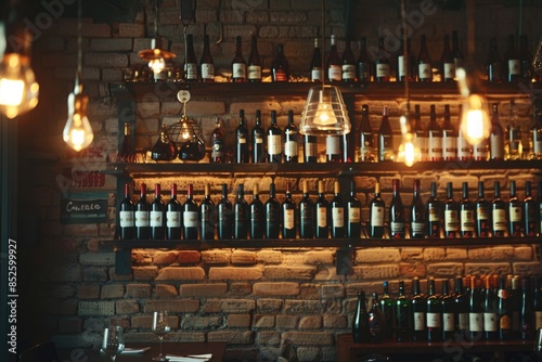 A brick wall filled with numerous bottles of wine photo