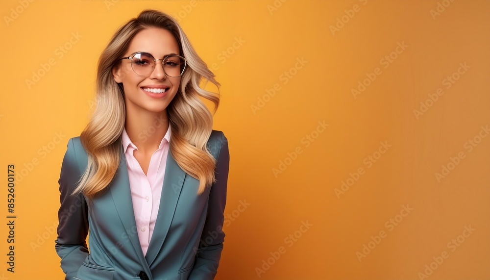 Happy beauty business girl, smiling and laughing, wearing bright clothes on bright solid background Happy beauty business girl, smiling and laughing, wearing bright clothes on bright solid background