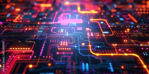 Wallpaper Mural Close-up of a vibrant, colorful circuit board with neon lights, representing digital technology, electronics, and connectivity. Torontodigital.ca