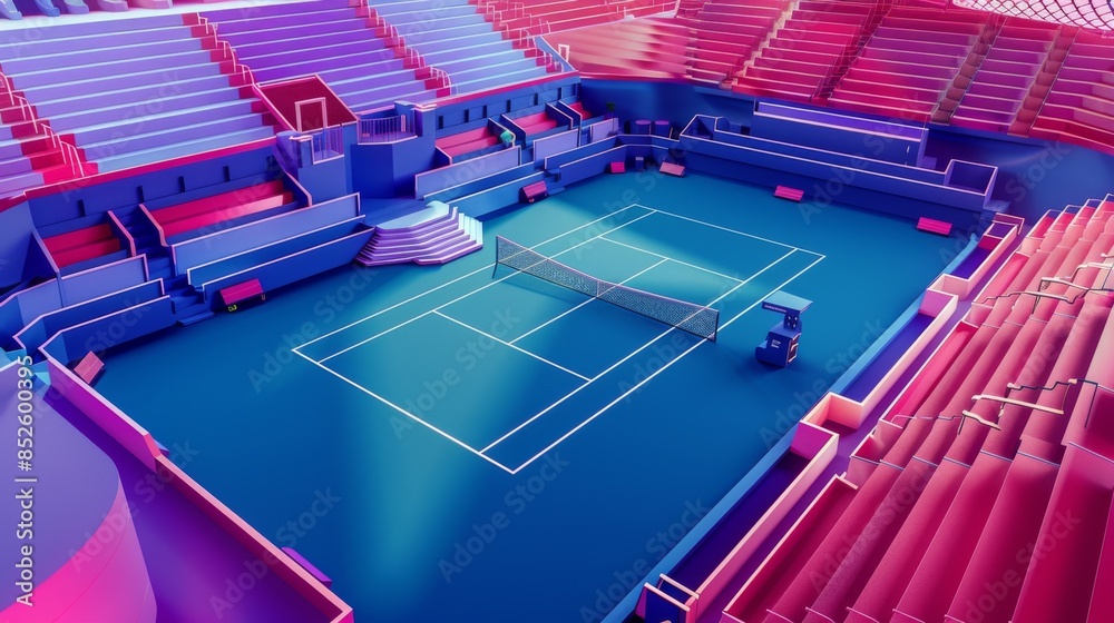 Obraz premium Vector illustration of a modern indoor tennis stadium with colorful seats, court lines, and spotlight beams illuminating the court. Olympic sport game concept.