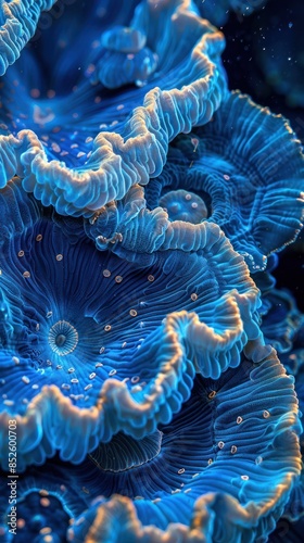 Close-up of vibrant blue coral texture showcasing natural patterns in marine life, highlighting the beauty of the underwater world. photo