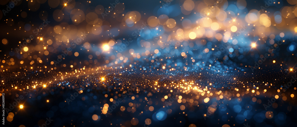 Obraz premium An abstract blue golden background with dark blue and gold particles, Christmas golden light shine particles bokeh on navy blue background, gold foil texture, holiday concept, 4K, 7:3