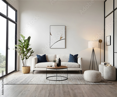 Modern and minimalist living room with a white sofa, large windows allowing indirect light, and a large plant in a gold pot