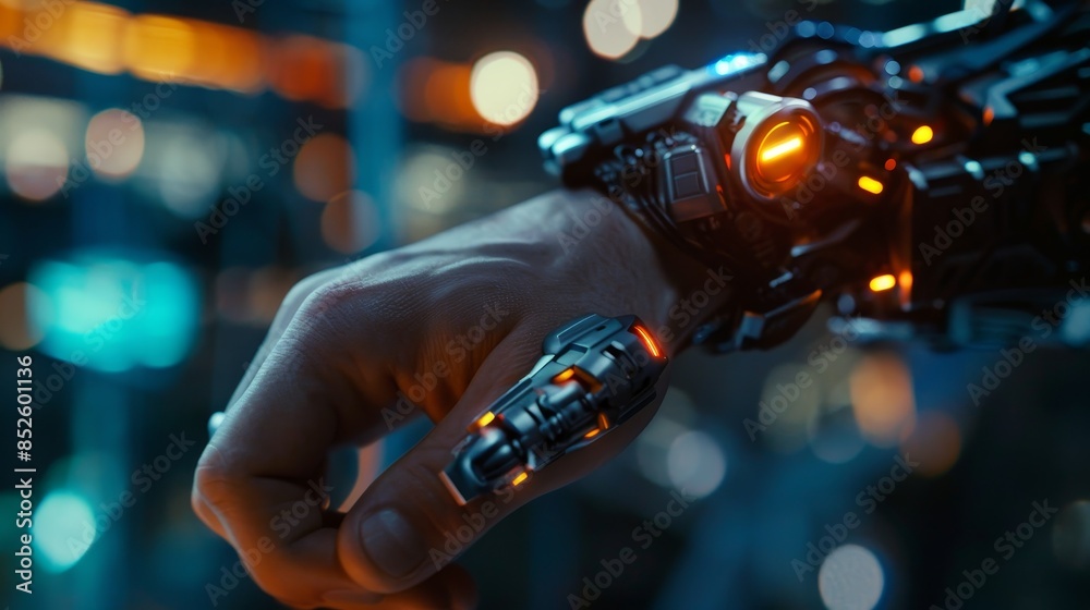 A close-up of a hand with an AI wrist device controlling a robotic arm, illustrating practical application of technology A close-up of a hand with an AI wrist device controlling a robotic arm, illustrating practical application of technology