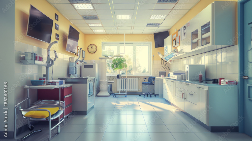 Bright, modern medical laboratory room with advanced equipment, workstations, and ample natural light, ideal for scientific research and testing. Bright, modern medical laboratory room with advanced equipment, workstations, and ample natural light, ideal for scientific research and testing.