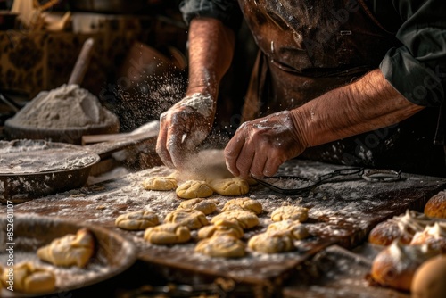 A person kneading and shaping dough on a table
