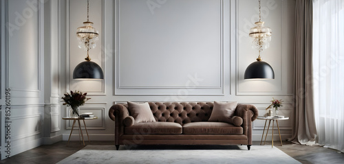 Classic living room interior with a brown sofa, two chandeliers, and two side tables