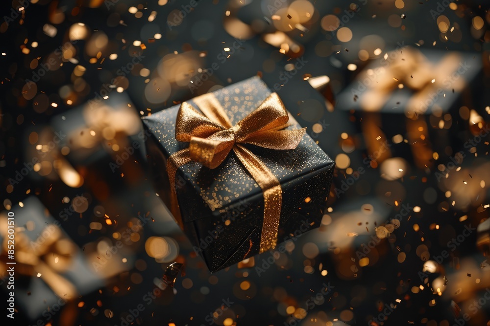 Elegant Black Gift Boxes with Golden Bows and Sequins Elegant Black Gift Boxes with Golden Bows and Sequins