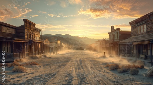 Deserted old western town at sunrise with dust swirling through the empty streets under a dramatic sky.