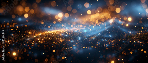 An abstract blue golden background with dark blue and gold particles, Christmas golden light shine particles bokeh on navy blue background, gold foil texture, holiday concept, 4K, 7:3 © Sunshine Studio
