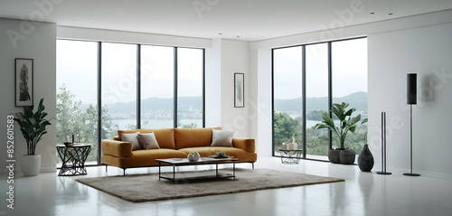 Minimalistic and modern living room overlooking a lake with large windows allowing natural light to illuminate the space