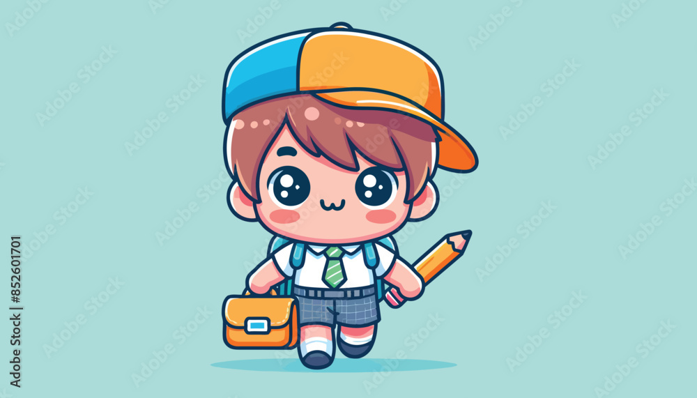 Fototapeta premium Cute Kids Go to School with Bag and Pencil Vector