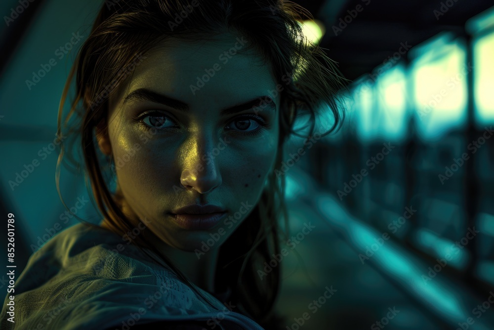 A beautiful young woman stands in a busy subway station, surrounded by commuters rushing to their destinations A beautiful young woman stands in a busy subway station, surrounded by commuters rushing to their destinations