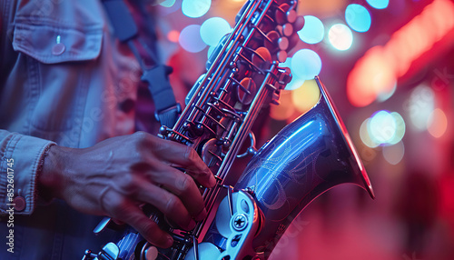 Saxophone player's hand on the keys of the saxophone with red and blue bokeh lights in the background. Generated by AI.