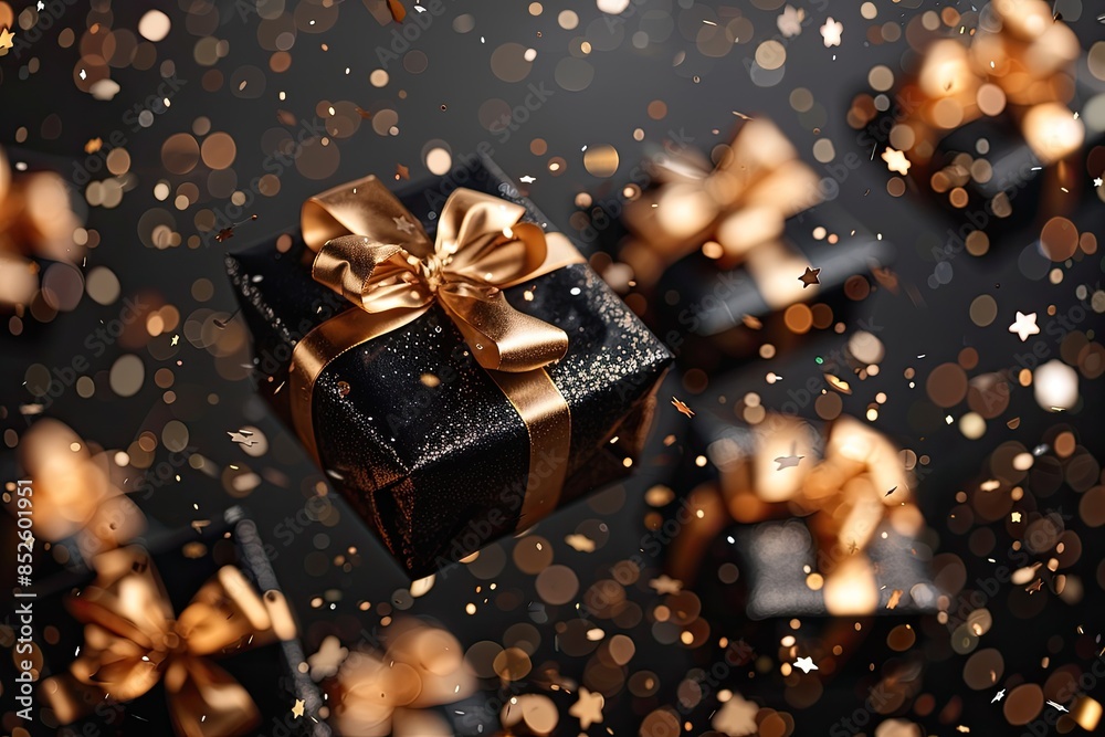 Elegant Black Gift Boxes with Golden Bows and Sequins Elegant Black Gift Boxes with Golden Bows and Sequins