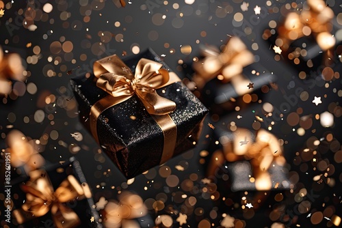 Elegant Black Gift Boxes with Golden Bows and Sequins