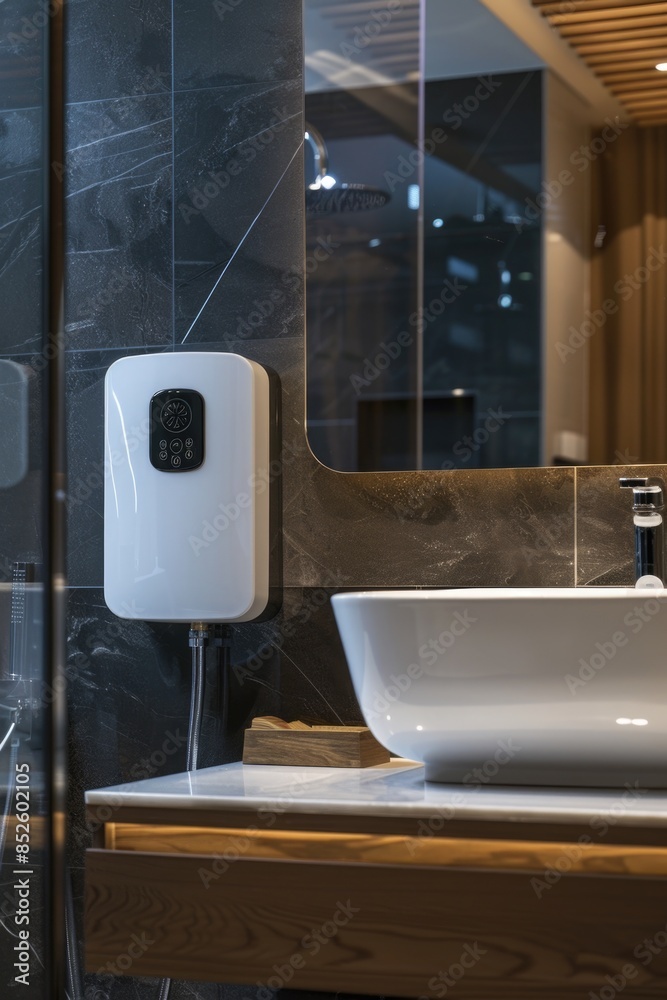 Fototapeta premium A modern bathroom with a sink and a mirror