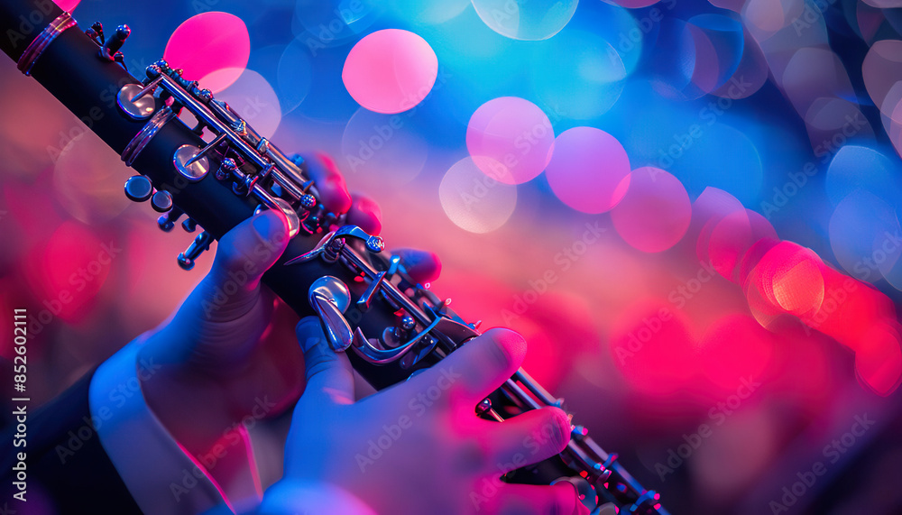 Fototapeta premium Close-up of a clarinet player's hands with a blurred background of pink and blue stage lights. Generated by AI.