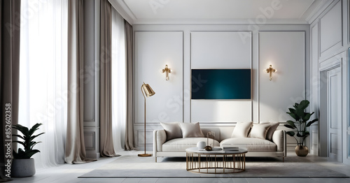 Modern and luxurious living room with a large sofa, a coffee table, and a large window allowing natural light to flood the room