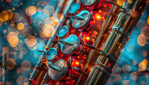 Close-up of a saxophone's keys and valves with a blurred background of orange and blue bokeh lights. Generated by AI. photo