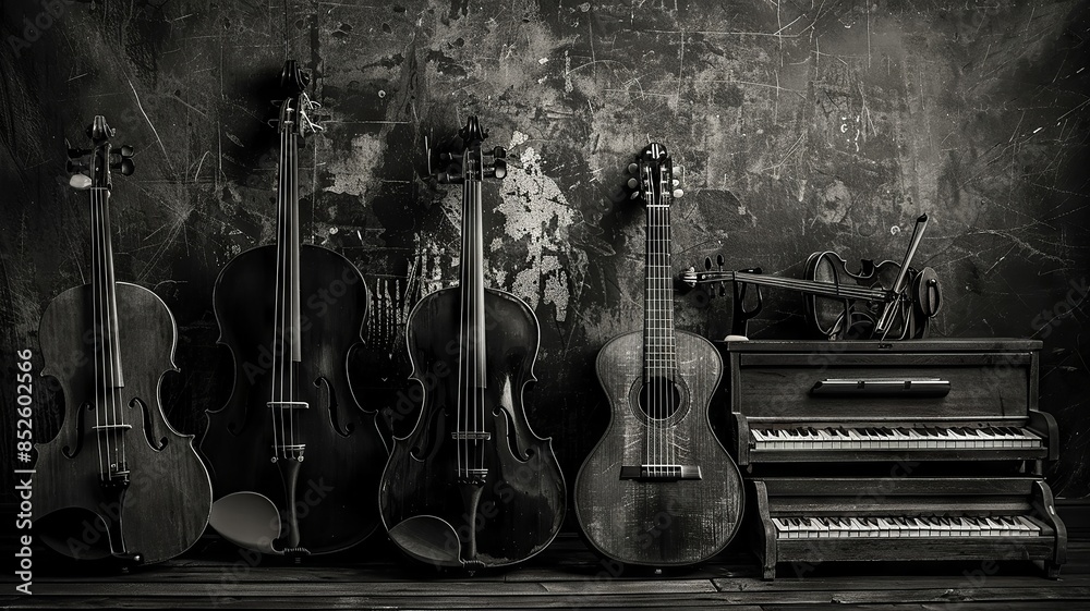 Naklejka premium Vintage Musical Instruments Ensemble with Dark Grungy Background and Classic Vibes