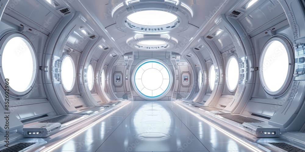 Futuristic spaceship interior with sleek, modern design, circular windows, and advanced technology. Concept of space travel and sci-fi environment. Futuristic spaceship interior with sleek, modern design, circular windows, and advanced technology. Concept of space travel and sci-fi environment.