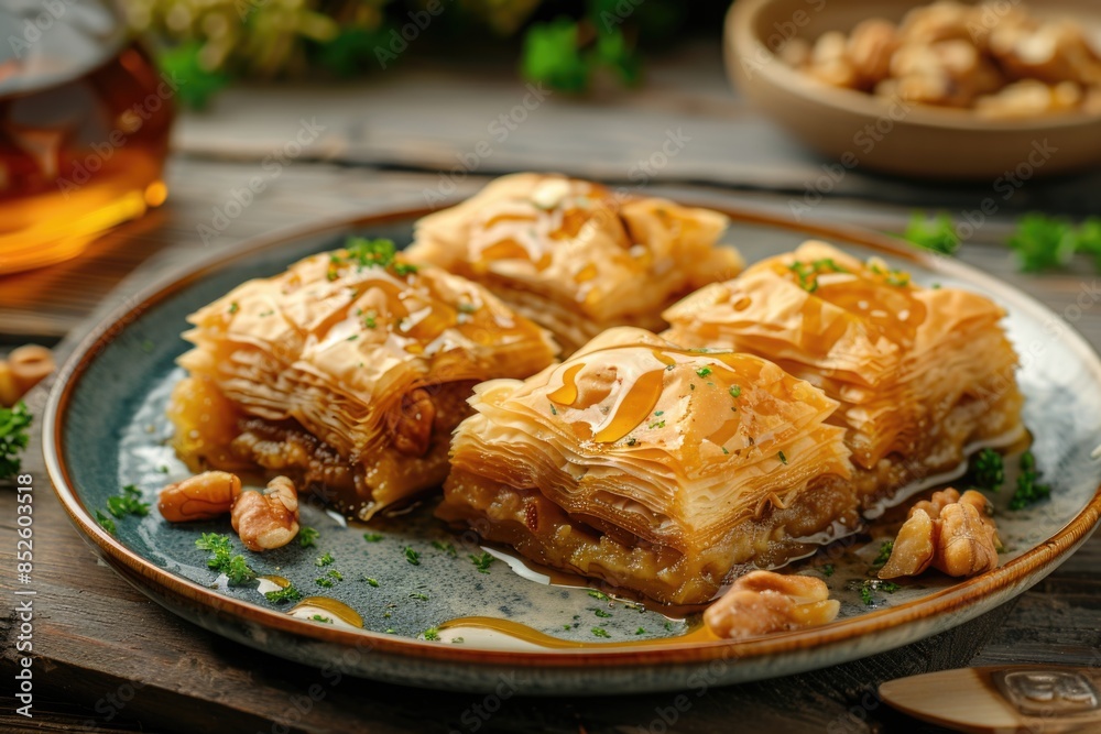 A delicious plate of baklava with nuts and honey, perfect for snack or dessert A delicious plate of baklava with nuts and honey, perfect for snack or dessert