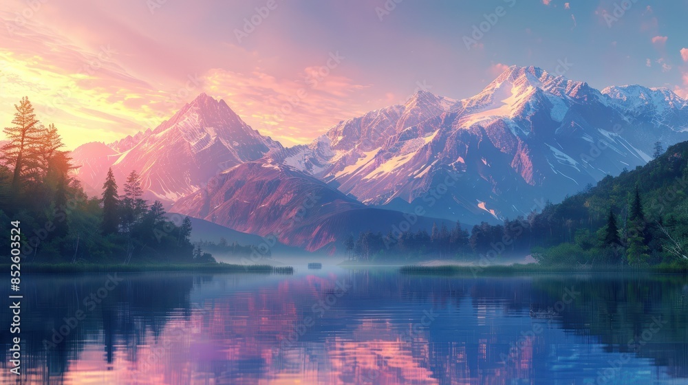 Fototapeta premium Majestic sunrise over serene lake with mountains in the background, reflecting colorful sky, creating picturesque natural scenery