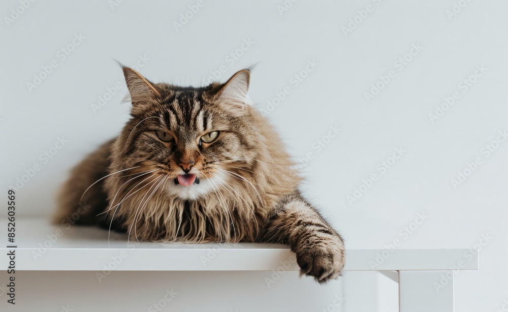 Playful Tabby Cat on a White Shelf Playful Tabby Cat on a White Shelf