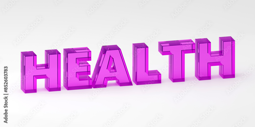 3D Illustration of the Word HEALTH in purple glass Text on a grey Background 3D Illustration of the Word HEALTH in purple glass Text on a grey Background