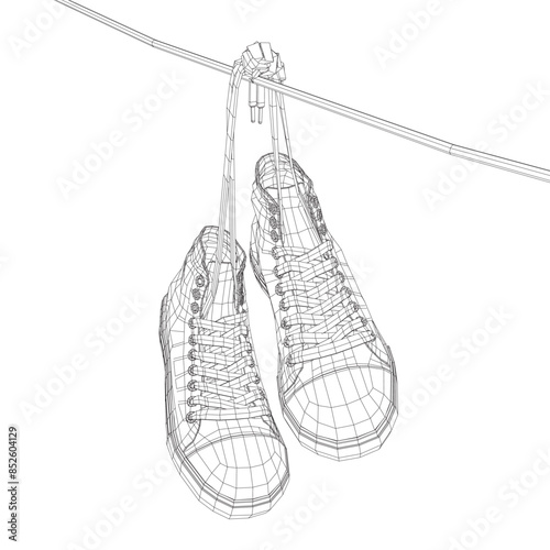 Wireframe Sneakers hanging from a rope on the white background. Vector illustration. 3D.