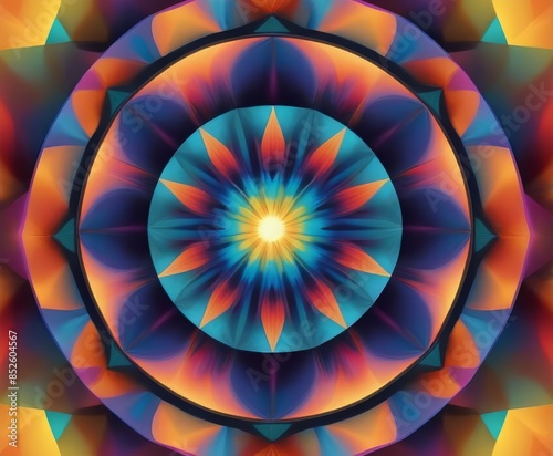 A vibrant abstract design featuring a kaleidoscope of geometric patterns and bright colors. The symmetrical shapes and rich hues create a mesmerizing and dynamic visual experience.. AI Generation