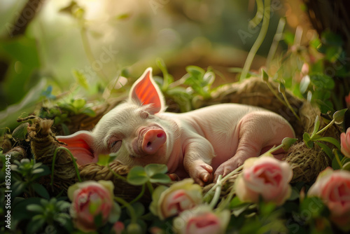 Cute piglet in forest, new life concept