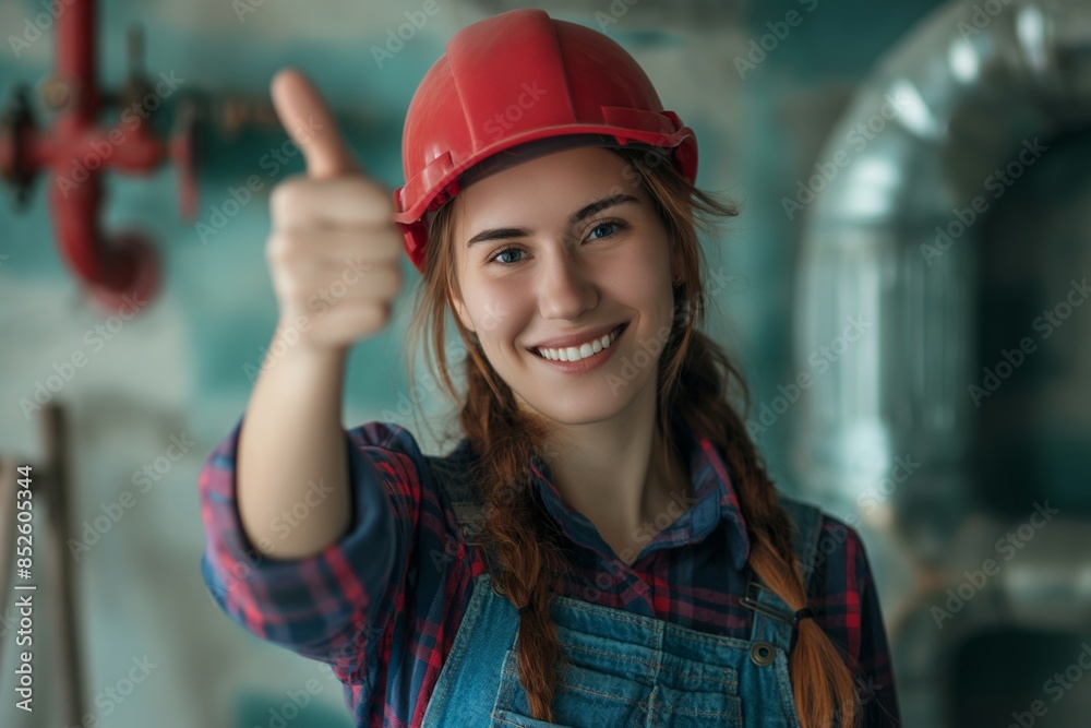 Female plumber showing a thumb-up at the home, A Female Plumber Giving a Thumbs Up for Excellent Home Service, Skilled Female Plumber Provides Top-Notch Plumbing Repair with a Thumbs Up Female plumber showing a thumb-up at the home, A Female Plumber Giving a Thumbs Up for Excellent Home Service, Skilled Female Plumber Provides Top-Notch Plumbing Repair with a Thumbs Up