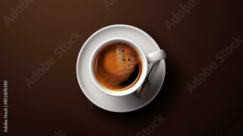 A close-up image of a white ceramic cup of coffee on a saucer. The coffee is dark and rich, with a creamy foam on top.