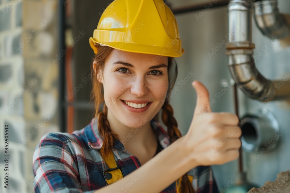 Female plumber showing a thumb-up at the home, A Female Plumber Giving a Thumbs Up for Excellent Home Service, Skilled Female Plumber Provides Top-Notch Plumbing Repair with a Thumbs Up Female plumber showing a thumb-up at the home, A Female Plumber Giving a Thumbs Up for Excellent Home Service, Skilled Female Plumber Provides Top-Notch Plumbing Repair with a Thumbs Up