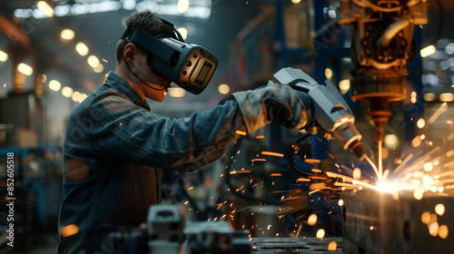 Photo of a robotic engineer wearing virtual reality goggles operating robotic arms in an industrial factory