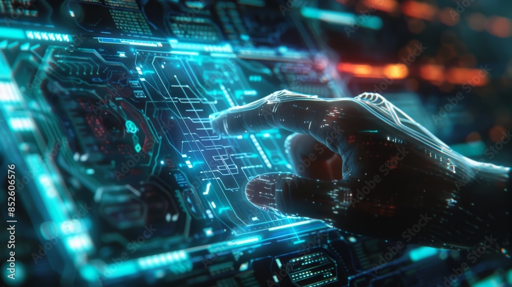 A futuristic hand gesture controlling a holographic AI interface, depicting advanced interaction with technology A futuristic hand gesture controlling a holographic AI interface, depicting advanced interaction with technology