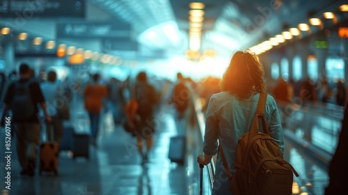 Woman Walking Through a Busy Airport Terminal