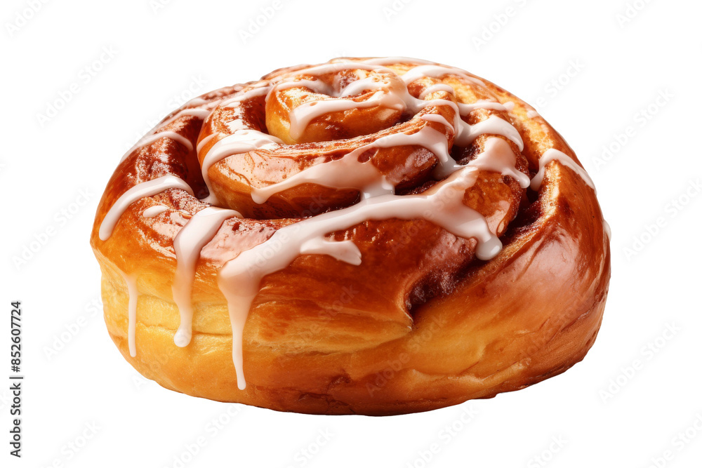 A Golden Cinnamon Roll Drizzled With Creamy Glaze on a Clear PNG or White Background. A Golden Cinnamon Roll Drizzled With Creamy Glaze on a Clear PNG or White Background.
