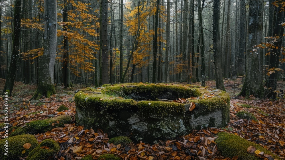 Autumn forest featuring a moss covered stone well