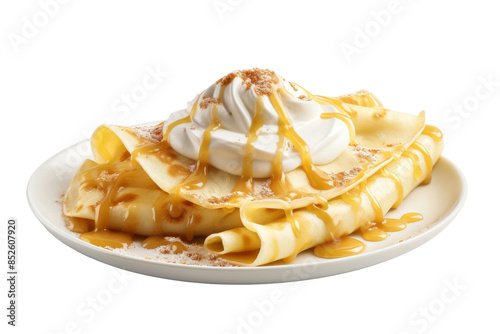 A Decadent Dessert: Whipped Cream and Caramel Drizzled Over Golden Crepes on a Clear PNG or White Background. photo