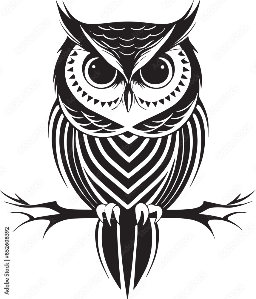 Fototapeta premium Black and white owl silhouette, vector illustration